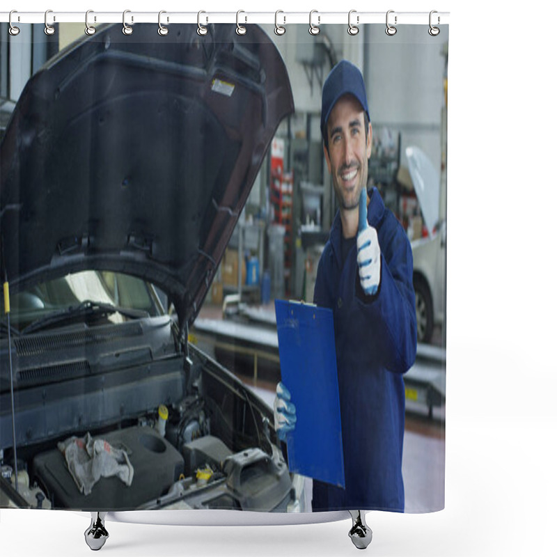 Personality  Specialist Auto Mechanic In The Car Service, Checks The Car, Engine, Engine, Carburetor. Concept: Repair Of Machines, Fault Diagnosis, Repair Specialist, Technical Maintenance And On-board Computer. Shower Curtains