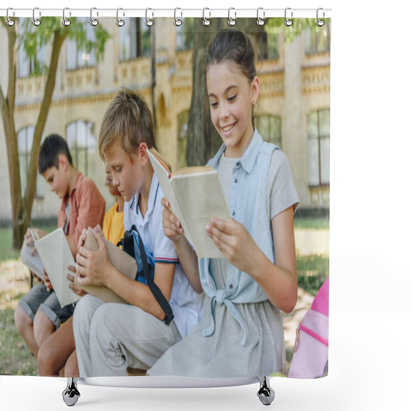 Personality  Four Adorable Multicultural Friends Sitting On Bench In Schoolyard And Reading Books Shower Curtains