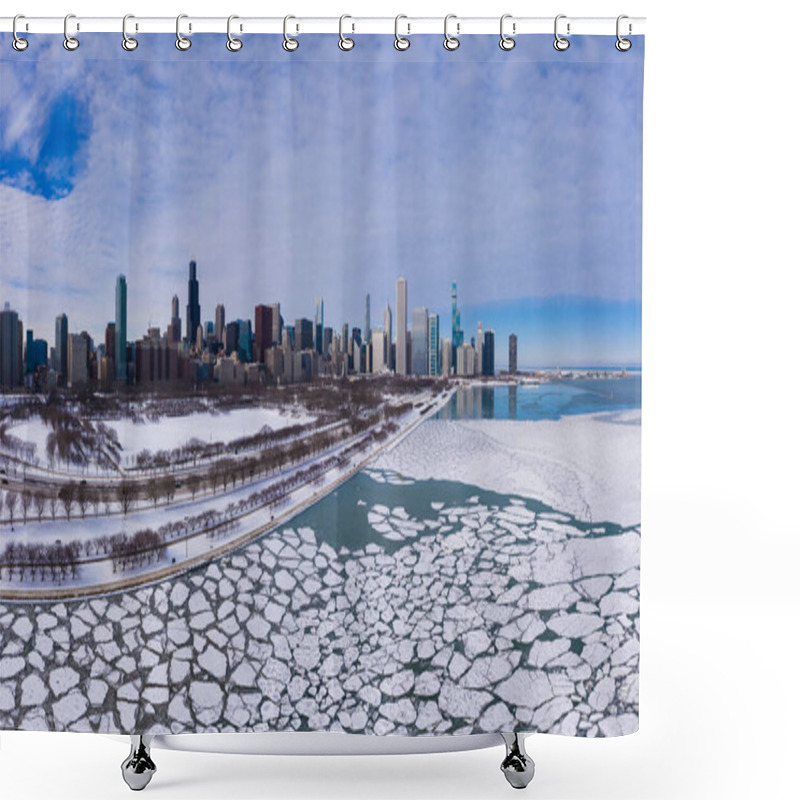 Personality  Urban Skyline Of Chicago Loop And Frozen Lake Michigan With Ice Lumps On Winter Frosty Day. Aerial View. United States Of America Shower Curtains