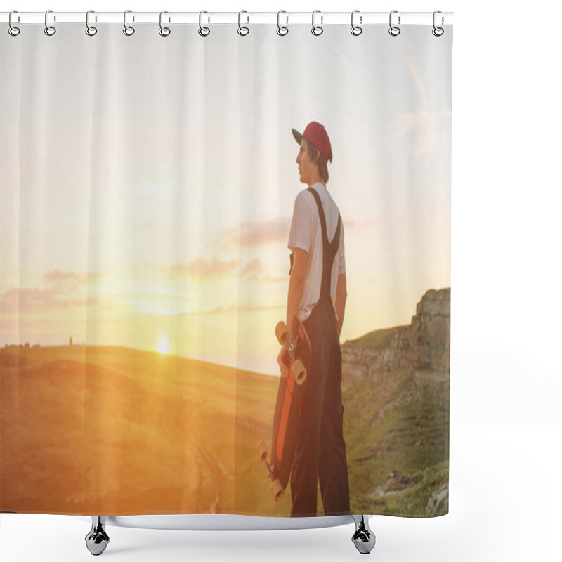 Personality  A Guy In A Cap And Kabenison With A Long Board In His Hands Is Standing In The Nature Against The Sunset Shower Curtains