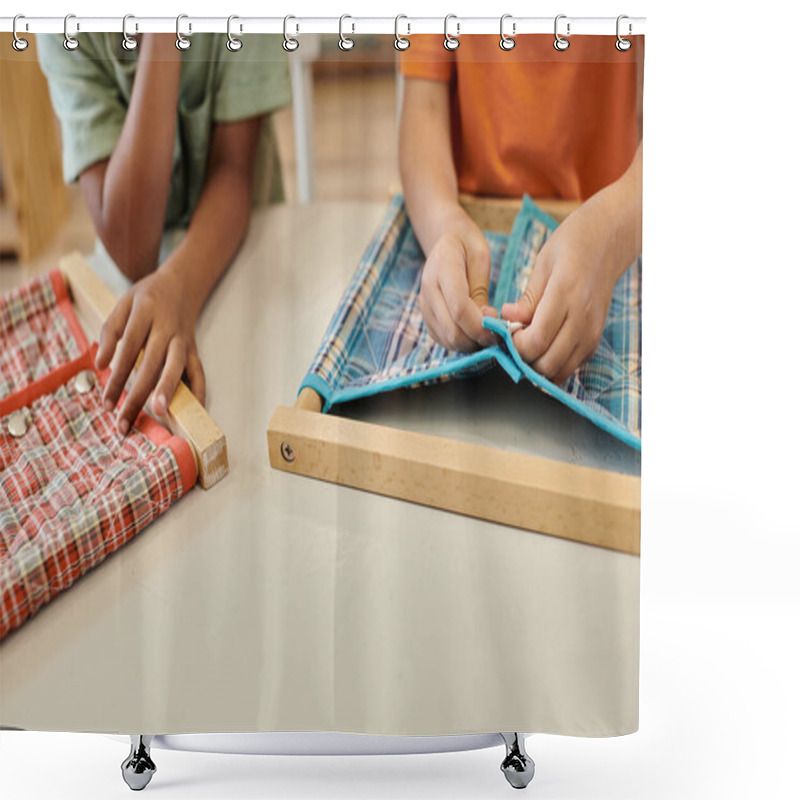 Personality  Cropped View Of Multiethnic Kids Playing With Cloth And Buttons During Lesson In Montessori School Shower Curtains