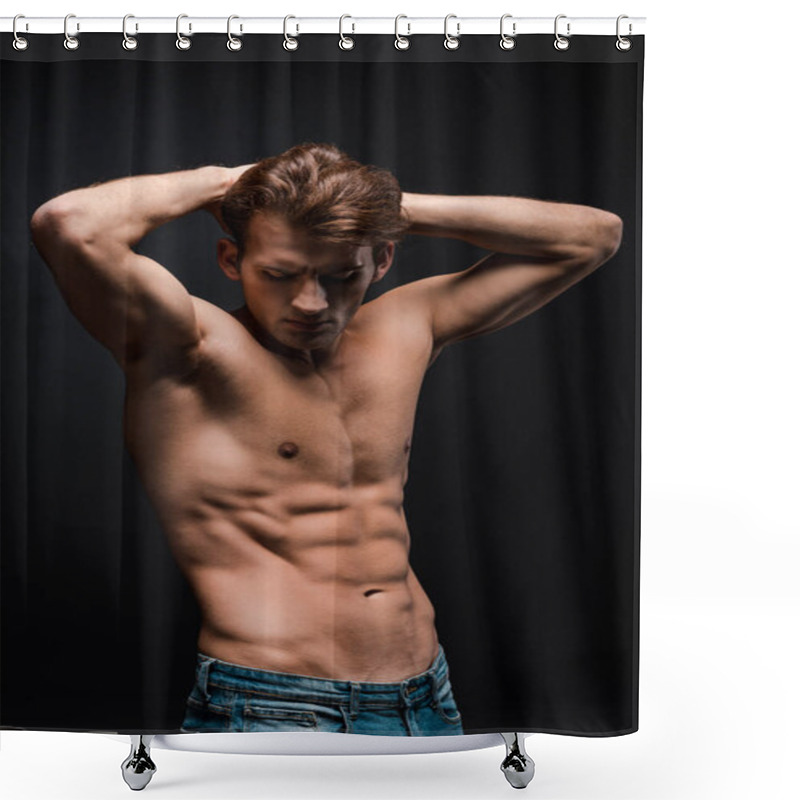 Personality  Shirtless Man Showing Muscles Isolated On Black Shower Curtains