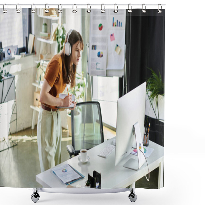 Personality  This Young Non Binary Person Focuses Intently While Working In Their Vibrant Office Environment. Shower Curtains