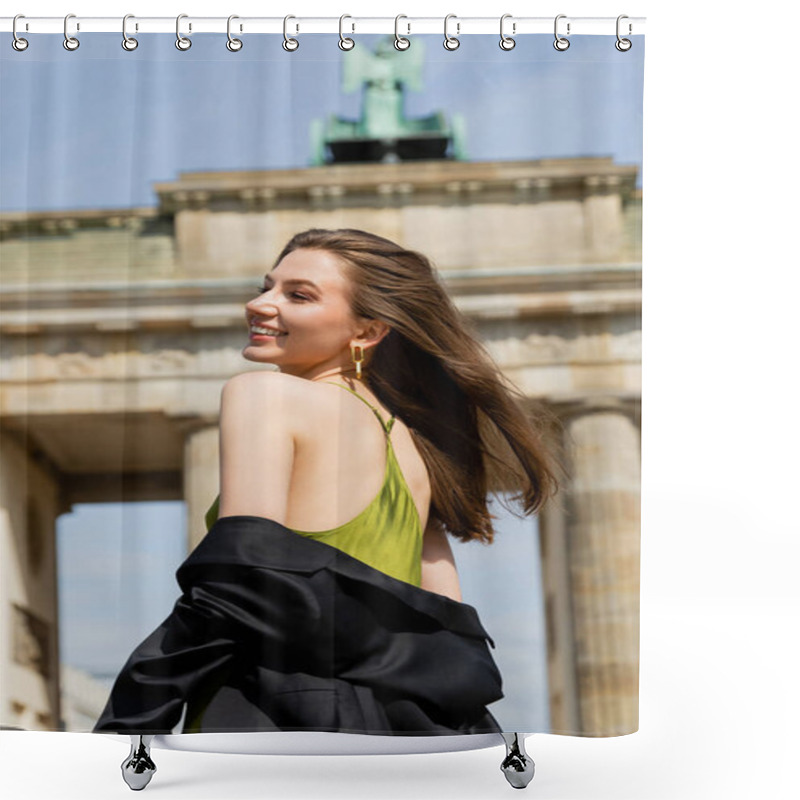 Personality  Joyful Young Woman In Silk Dress And Jacket Looking Away With Blurred Brandenburg Gate At Background Shower Curtains