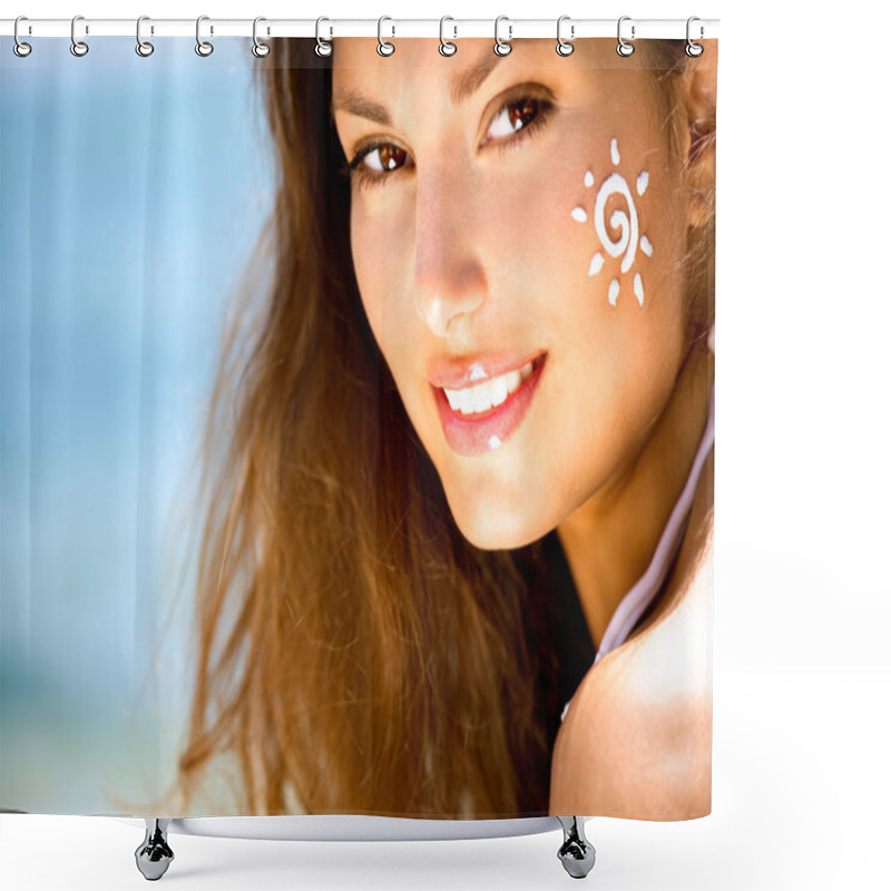 Personality  Girl Applying Sun Tan Cream On Face. Shower Curtains