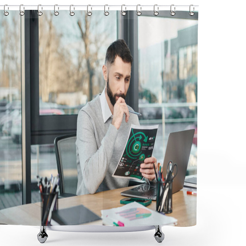 Personality  A Man Sits At A Desk, Deeply Engaged In Charts, Absorbed In Learning And Reflection. Shower Curtains