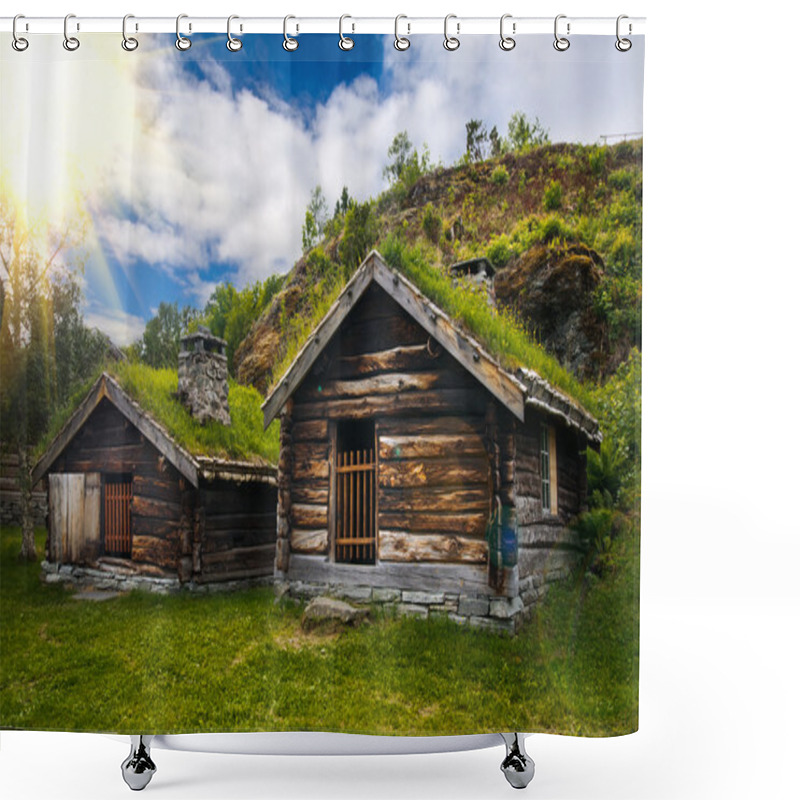 Personality  Beautiful View On Ancient Scandinavian Timbered Village And Countryside Landscape Shower Curtains