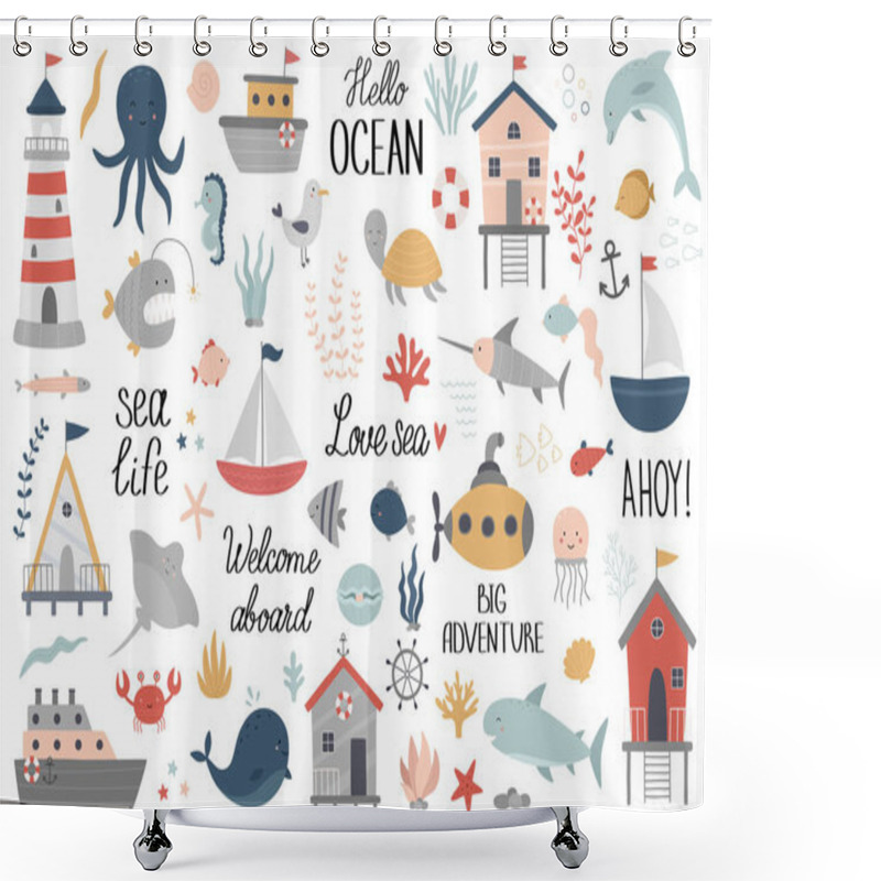 Personality   Marine Kit. Underwater World. Ocean Inhabitants, Seaweed, Shells, Corals, Beach House, Boats, Submarine, Turtle, Fish, Octopus, Seahorse, Whale, Dolphin, Shark, Jellyfish. Vector Illustration Shower Curtains