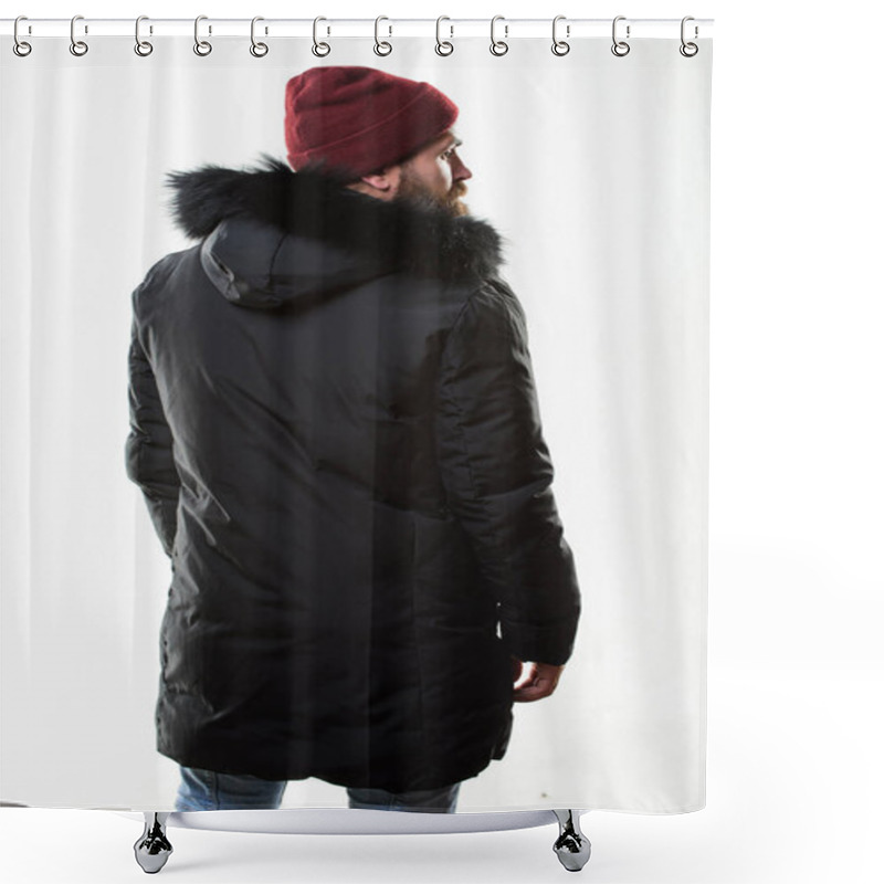 Personality  Hood Adds Warmth And Weather Resistance. Man Bearded Stand Warm Jacket Parka Isolated On White Background. How To Choose Best Winter Jacket. Winter Season Menswear. Weather Resistant Jacket Concept. Shower Curtains