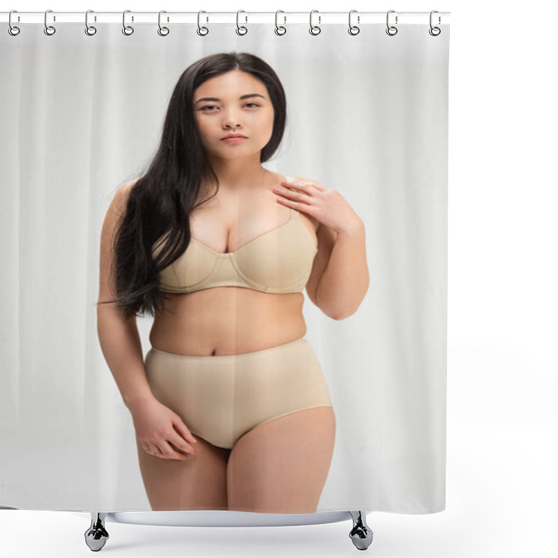 Personality  Pretty Overweight Woman In Underwear Looking At Camera Isolated On Grey, Body Positivity Concept Shower Curtains