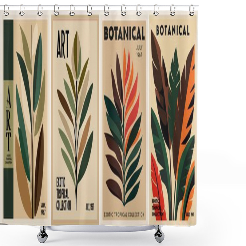 Personality  Set Of Retro-inspired Abstract Botanical Posters With Tropical Leaves In Vibrant Mid-century Modern Color Palette. Contemporary Wall Art, Cover Wallpaper Vector Template.  Shower Curtains