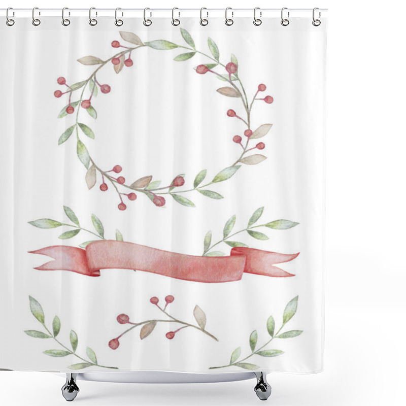 Personality  Watercolor Rustic Wreath. Branches, Berries, Ribbon. Rustic Branch Monogram. Decor For Invitations. White Background. Print Quality. Shower Curtains