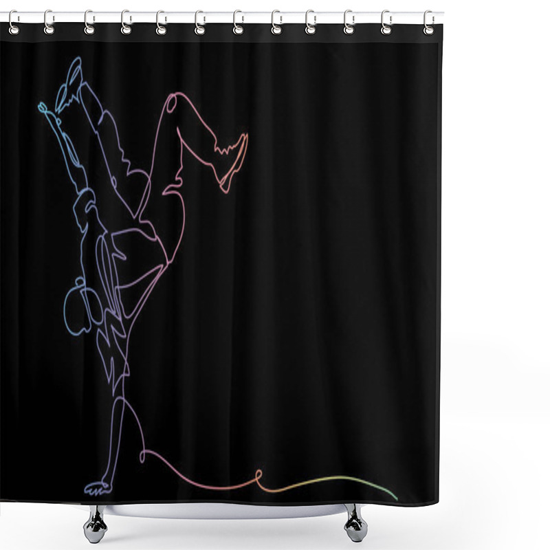 Personality  Breakdance, Street Dance Vector Illustration. One Continuous Line Art Drawing Of Breakdance Pose. Colorful Image On Black Background. Shower Curtains