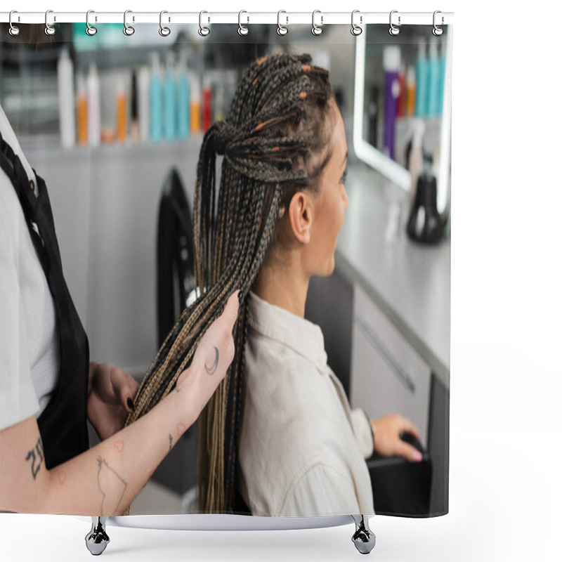 Personality  Hair Professional, Tattooed Beauty Worker Holding Braids Of Female Client In Salon, Beauty Industry, Salon Job, Customer In Salon, Hairdresser, Salon Services, Hair Make Over  Shower Curtains