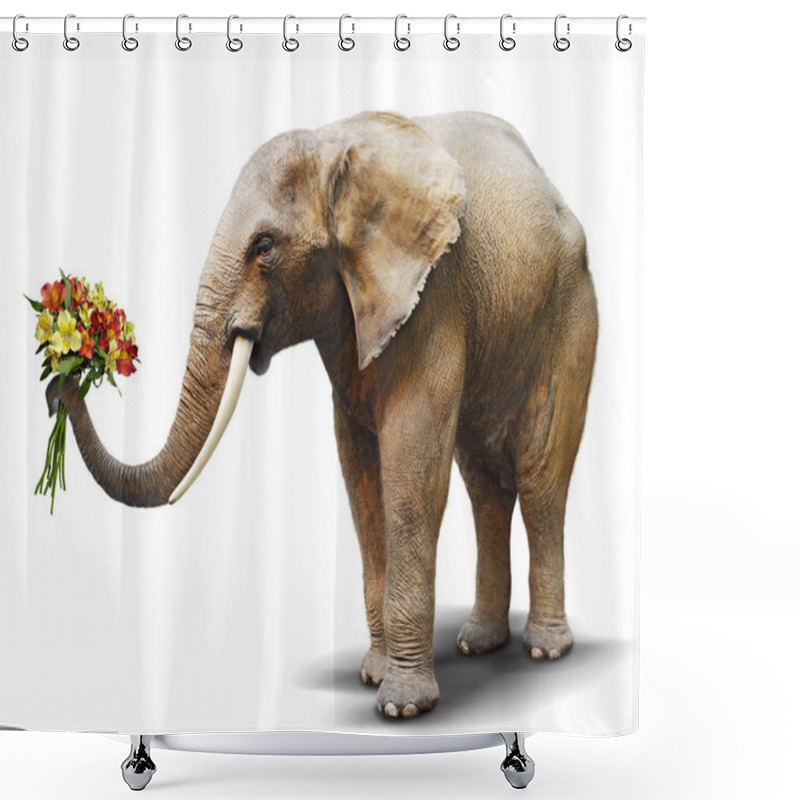 Personality  Elephant Handing A Bouquet Of Blooming Flowers. Concept For Gree Shower Curtains