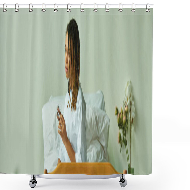 Personality  African American Woman In Hospital Gown Holding Pills, Private Ward, Patient In Clinic, Banner Shower Curtains