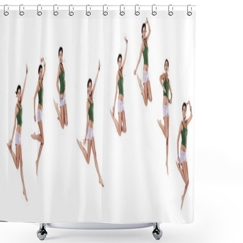 Personality  Multiple Young Emotional Woman Jumping, Isolated On White Shower Curtains