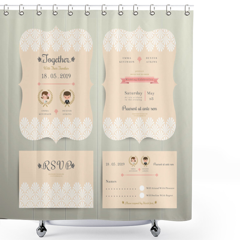 Personality  Art Deco Cartoon Couple Wedding Invitation Card And RSVP Set Shower Curtains