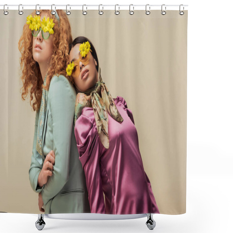 Personality  Stylish African American Girl And Curly Woman In Sunglasses With Flowers Posing Isolated On Beige Shower Curtains