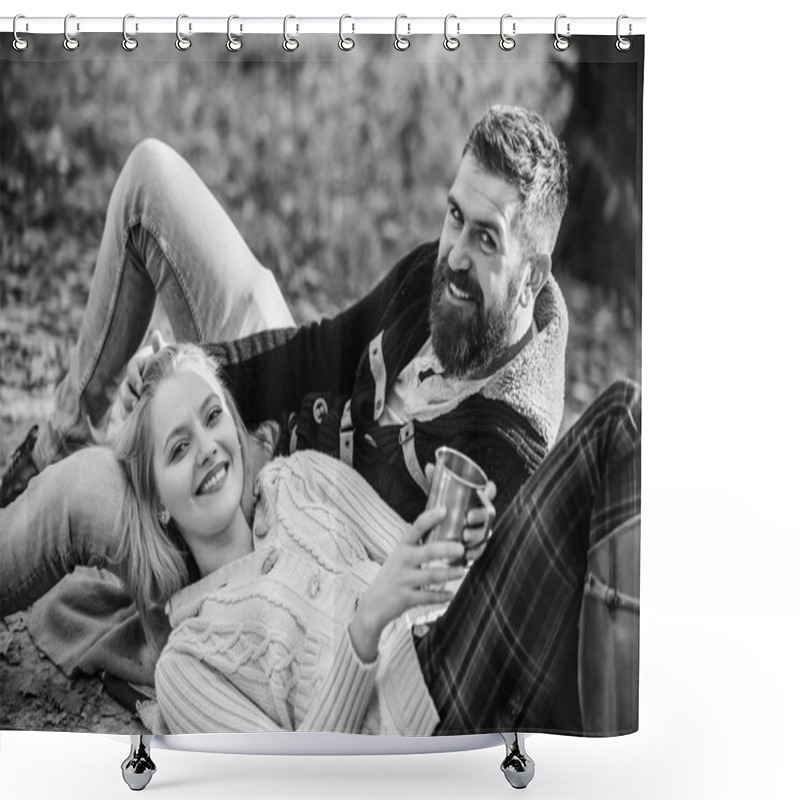 Personality  Vacation Weekend Picnic Camping And Hiking. Tourism Concept. Picnic Time. Happy Loving Couple Relaxing In Park Together. Romantic Picnic Forest. Couple In Love Tourists Relaxing On Picnic Blanket Shower Curtains