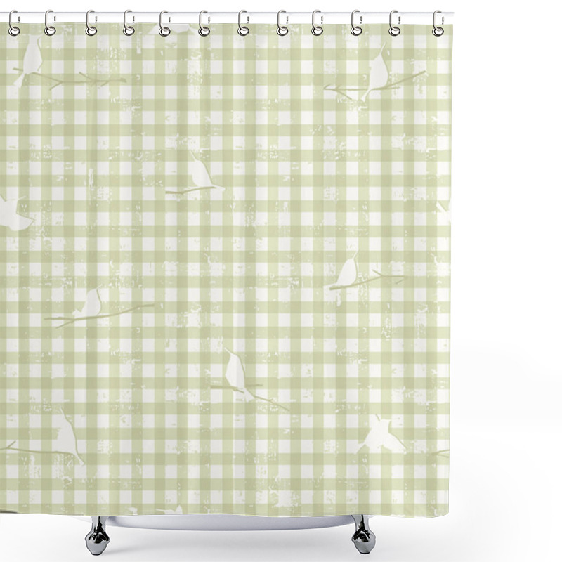 Personality  Seamless Checkered Pattern With Trendy Gingham Checks With Little Birds Sitting On Branches For Wrapping Paper, Clothing, Textile And Other Design Projects Shower Curtains