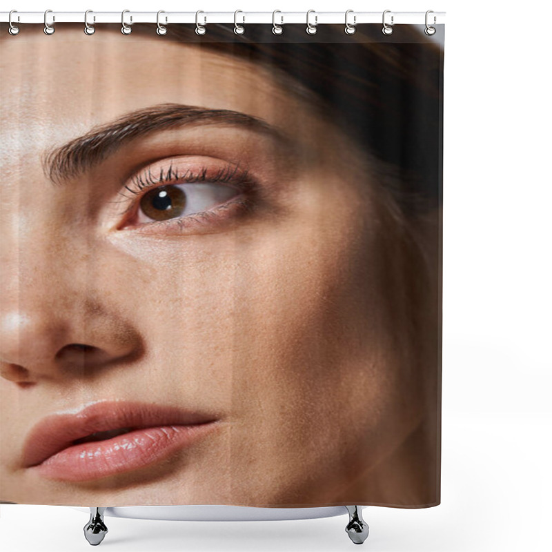 Personality  A Young Caucasian Woman With  Clean Skin Is Featured In A Close-up, Highlighting Her Captivating Brown Eyes. Shower Curtains