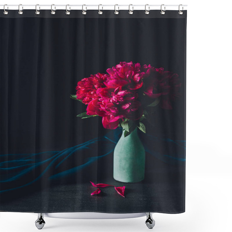 Personality  Bouquet Of Beautiful Peony Flowers In Vase On Dark Background Shower Curtains