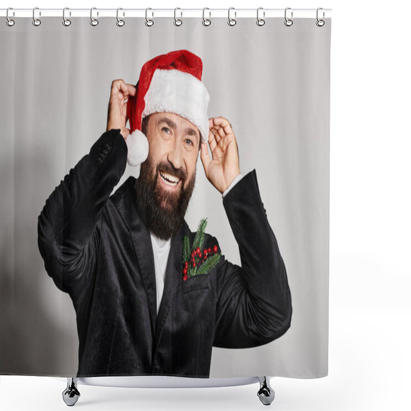 Personality  Portrait Of Cheerful Handsome Man In Elegant Suit Wearing Santa Hat On Grey Backdrop, Christmas Shower Curtains