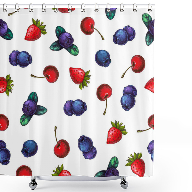 Personality  Berries Seamless Pattern Isolated On White. Mix Of Garden Or Forest Berries Endless Background. Strawberry, Blueberry, Cherry. Background Design Of Summer Fruits. Great For Packaging, Wrapping Paper. Shower Curtains