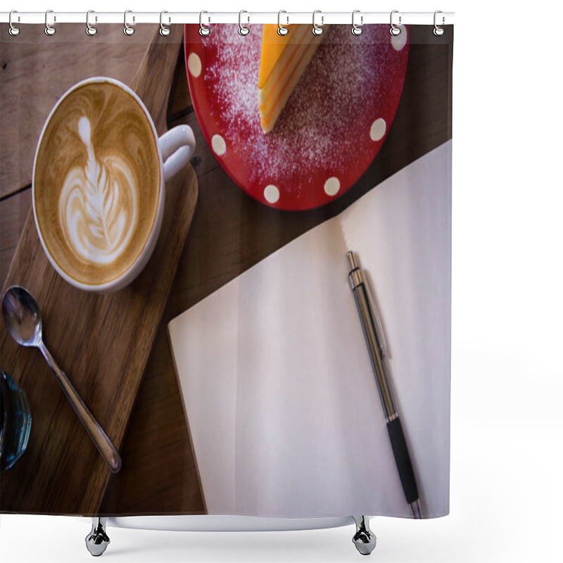 Personality  Top View Coffee Latte Aroma Cup And Tasty Christmas Cake Relaxtime Waiting For Idea On Paper Note On Wood Table In Cafe Coffee Shoop Shower Curtains