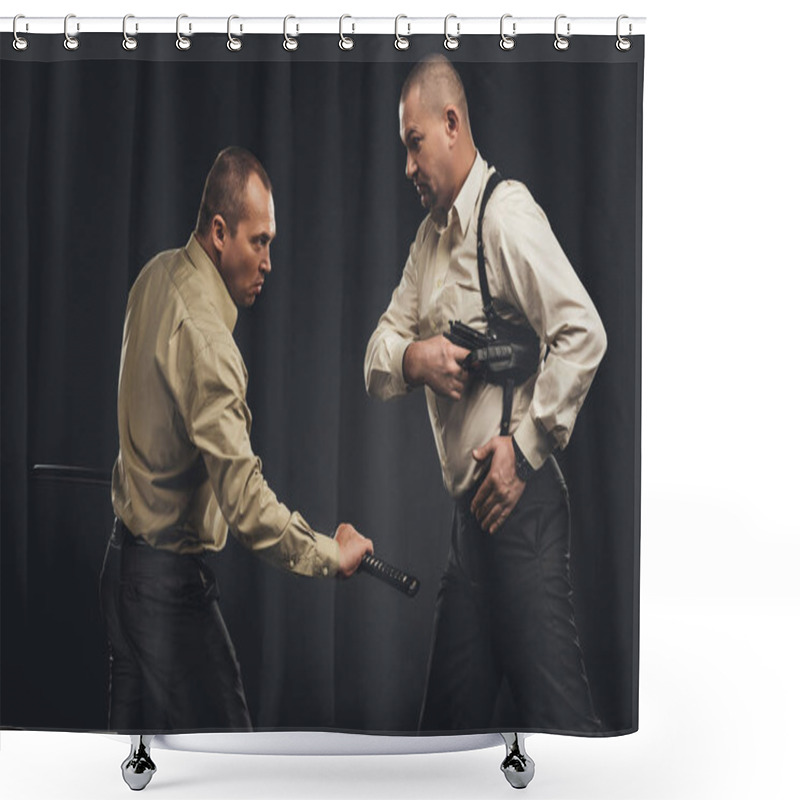 Personality  Side View Of Men Fighting With Gun And Katana Sword On Black Shower Curtains