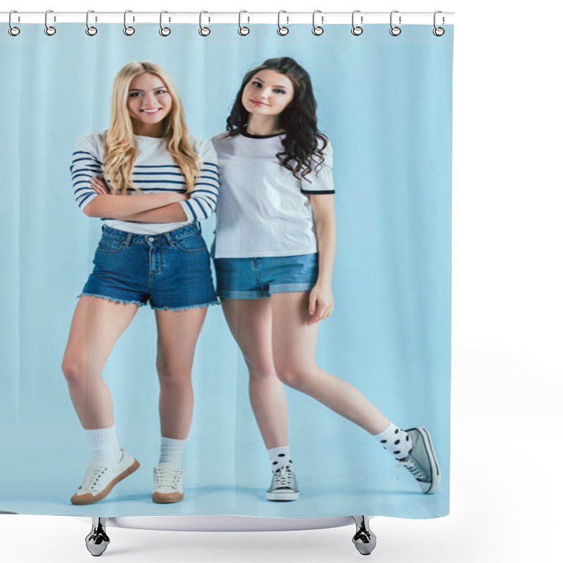 Personality  Cheerful Girls In Denim Shorts Looking At Camera On Blue Background Shower Curtains