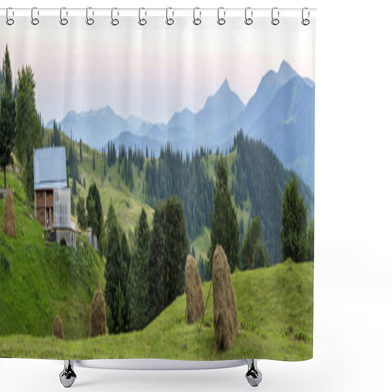 Personality  Village Houses On Hills With Green Meadows In Summer Day. House  Shower Curtains