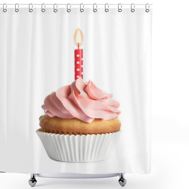 Personality  Delicious Birthday Cupcake With Candle On White Background Shower Curtains