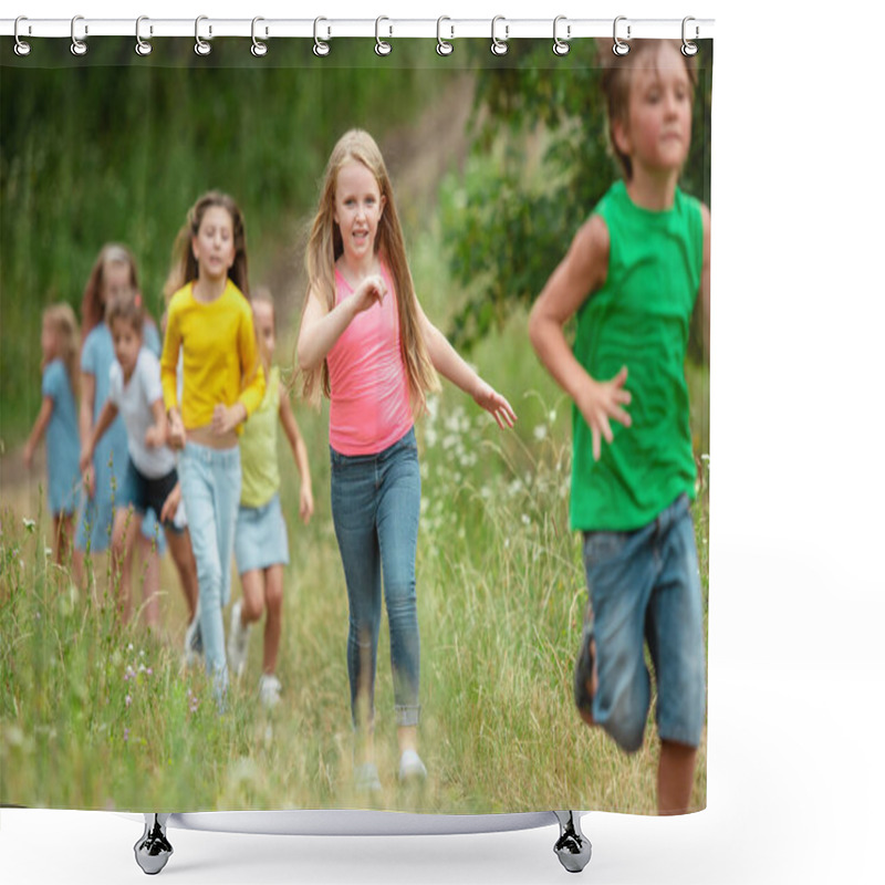 Personality  Kids, Children Running On Green Meadow, Forest. Childhood And Summertime Shower Curtains