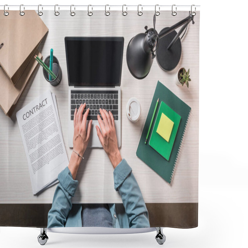 Personality  Cropped Image Of Businessman Using Laptop At Table With Contract, Stationery And Coffee  Shower Curtains