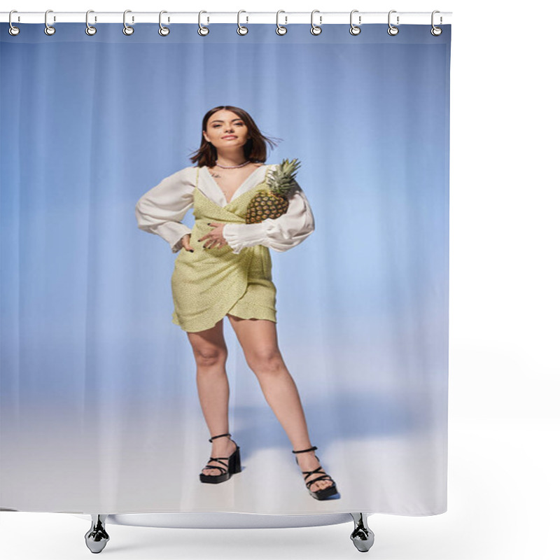 Personality  Brunette Woman In A Graceful Dress, Holding A Vibrant Pineapple In A Stylish Studio Setting. Shower Curtains