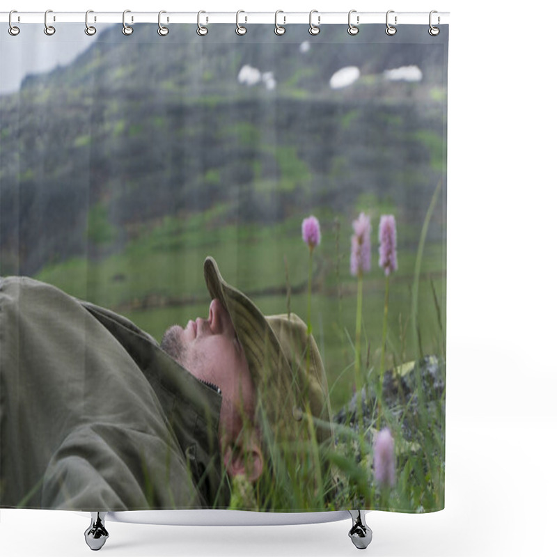 Personality  Tired Traveler In The Mountains - A Man In A Hat And Travel Clothes Resting, Lying On His Back In The Alpine Meadow On A Mountain Plateau Shower Curtains