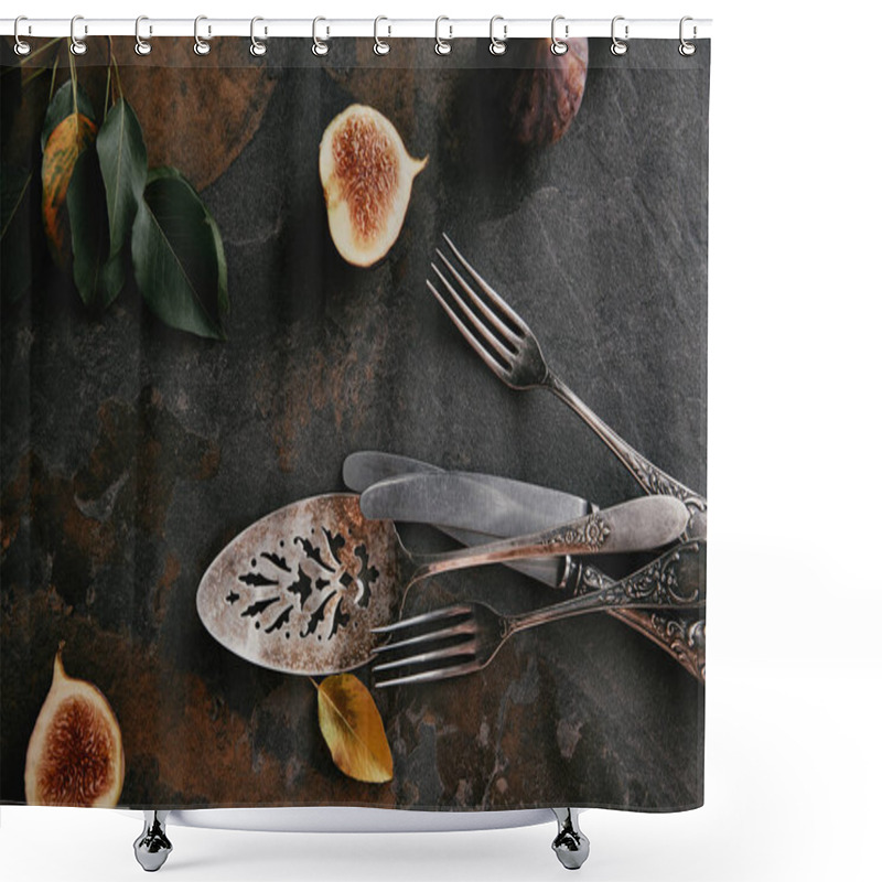 Personality  Top View Of Antique Cutlery, Green Leaves And Figs On Grungy Surface Shower Curtains