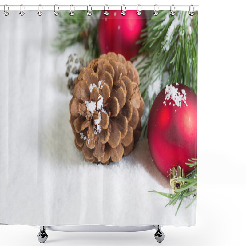 Personality  Closeup Of A Pine Cone On Snow With Pine Tree Branch And Ornamen Shower Curtains