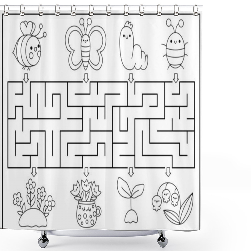 Personality  Spring Black And White Maze For Kids. Garden Geometrical Preschool Printable Activity With Kawaii Insects, Flowers. Easter Holiday Labyrinth Game Or Coloring Page With Cute Bumblebe Shower Curtains