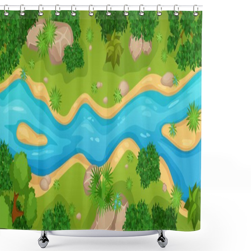 Personality  Cartoon Top View River Landscape With Green Trees, Bushes And Stones. Summer Nature Scene With Forest And Water Stream Vector Illustration Shower Curtains