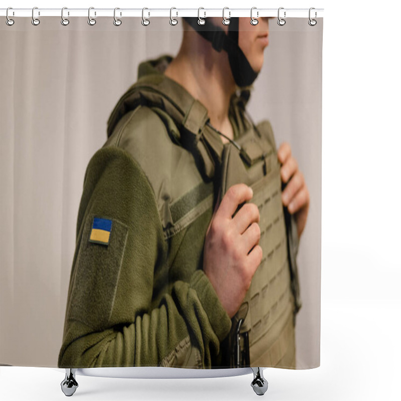 Personality   Armed Forces Of Ukraine. Ukrainian Soldier Stands And Holds Hands On Body Armor. Ukrainian Army. Ukrainian Flag On Military Uniform. Shower Curtains