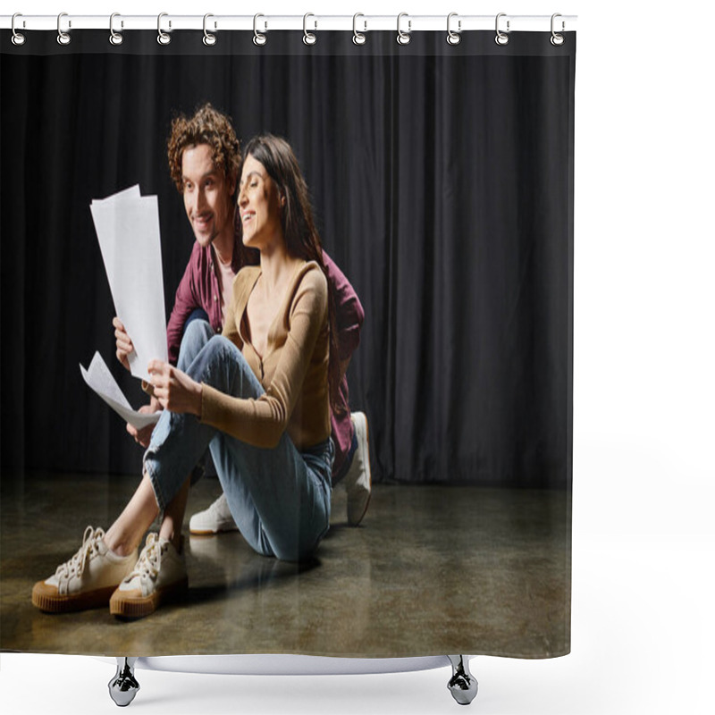 Personality  Man And Woman Sitting On Floor, Holding Papers, Discussing Theater Script. Shower Curtains