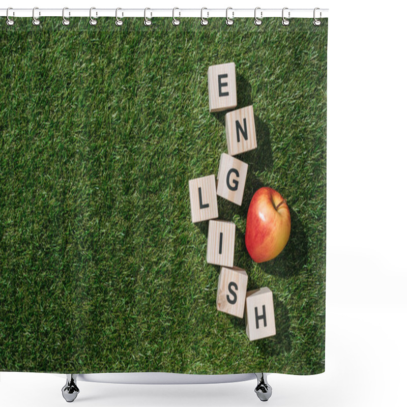 Personality  Top View Of Fresh Apple And English Inscription Made Of Wooden Blocks On Green Grass Shower Curtains