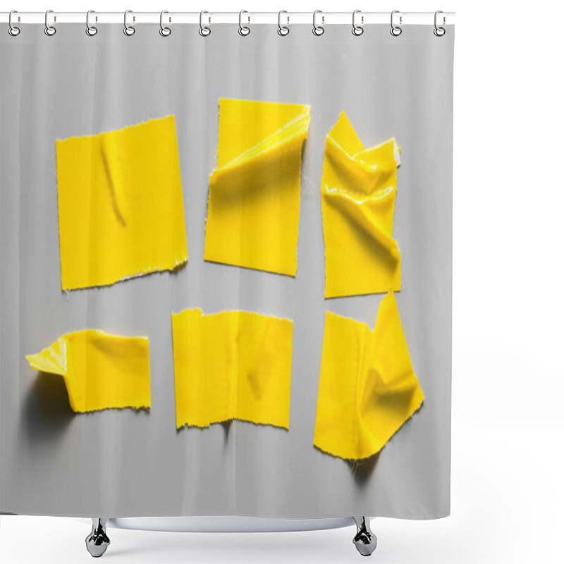 Personality  Set Of Yellow Tapes On White Background. Torn Horizontal And Different Size Yellow Sticky Tape, Adhesive Pieces. Shower Curtains