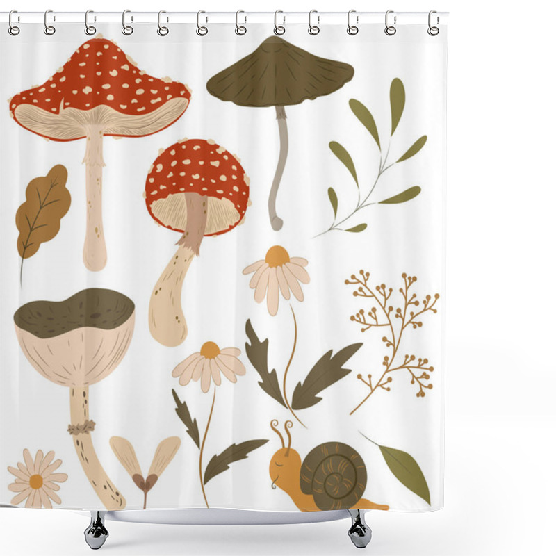 Personality  Forest Plants Clipart Collection. Wild Botanical Set. Hand Drawn Woodland Trees, Herbs, Mushrooms, Flowers, Branches, Berries, Leaves.Vector Cartoon Illustration. Organic Porcini And Poisonous Fungus Shower Curtains