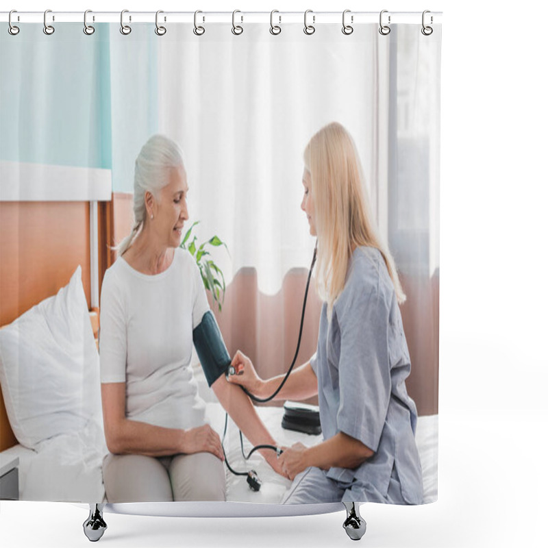 Personality  Nurse Measuring Blood Pressure To Patient Shower Curtains