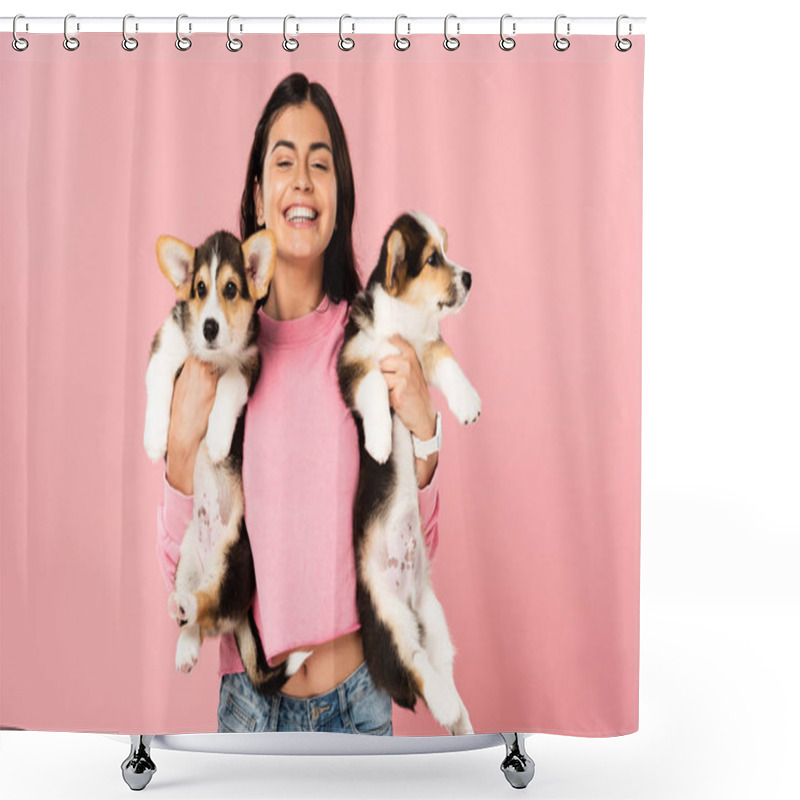 Personality  Beautiful Smiling Woman Holding Welsh Corgi Puppies, Isolated On Pink Shower Curtains