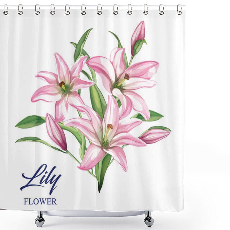 Personality  Vector Realistic Pink Lily Blossom Leaves Stem Set Shower Curtains